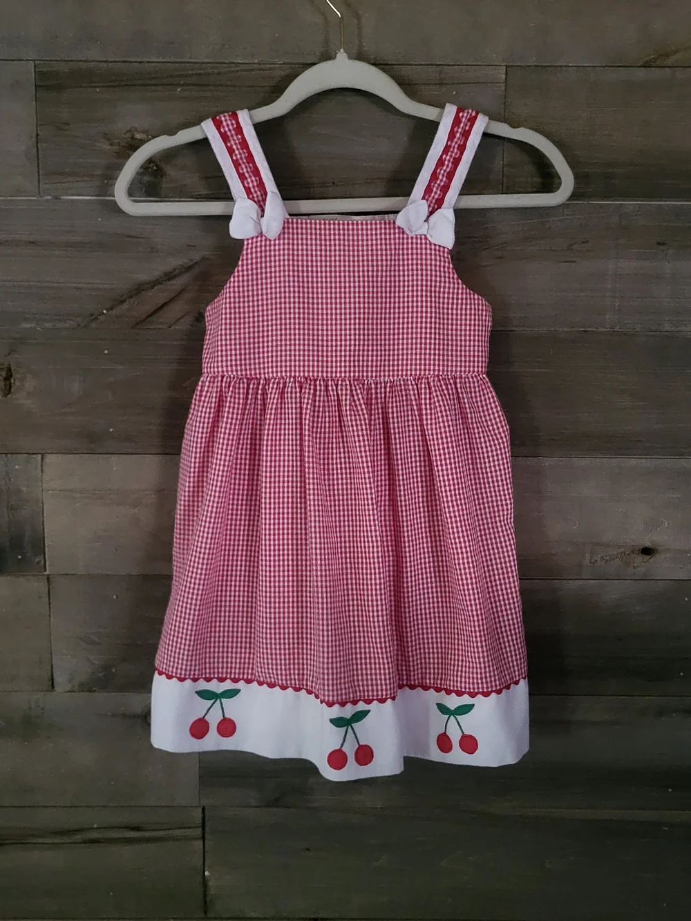 Vintage 90's Red Gingham Girl's Picnic Dress With Cherry Trim 5/6